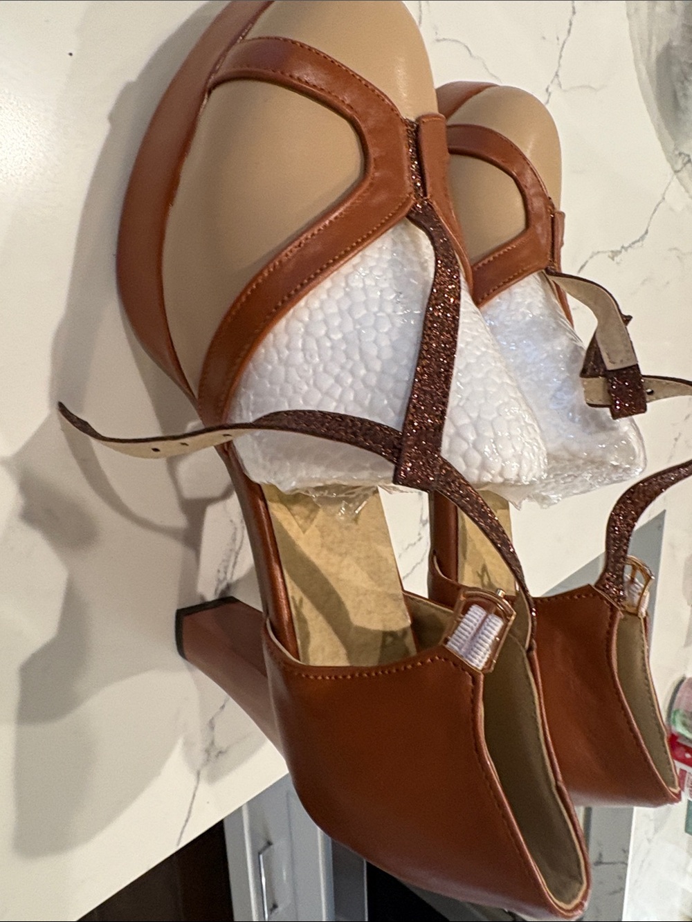Women’s Brown T-Strap Block Heel Sandals Glitter Straps